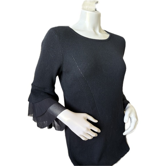 Black Ribbed Knit Design History Bell Chiffon Sleeve Statement Top XL - Picture 1 of 9